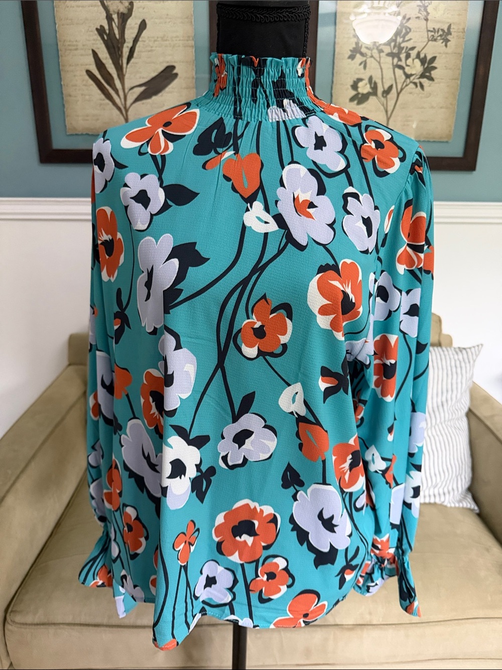 Milan Kiss Turquoise Floral Smocked-Neck Blouse with Orange Accents